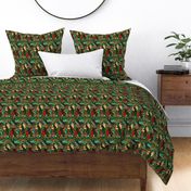 (Small Scaled Down) Krampus Christmas Demon Maximalist Aesthetic Pattern On Dark Green Background