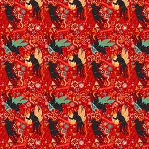 (Small Scaled Down) Krampus Christmas Demon Maximalist Aesthetic Pattern On Red Background