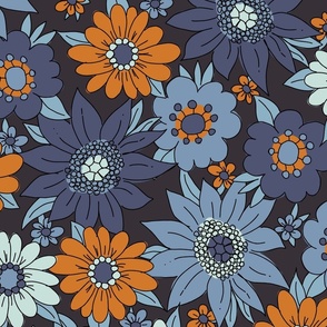 Jumbo XL Dark Retro Floral in Blue brown mint groovy 70s fall vintage flowers