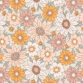 Small Retro flowers in mustard sage blush pink seventies vintage floral
