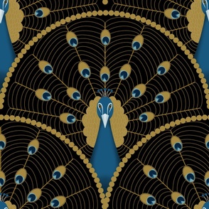 Art Deco Peacock in black gold blue XL Jumbo Extra Large