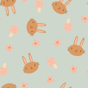 Cute Easter Bunnies and Mushrooms on sage green small