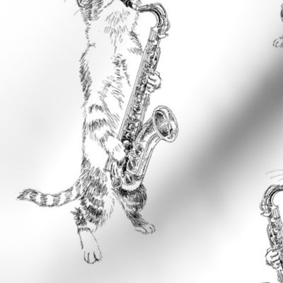 saxophone cat, black and white ( 8" tall in 6x10" rectangle)