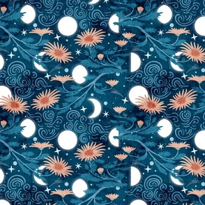 Dreamy Night Sky- Moon Phases peeping through Chrysanthemums- Indigo Peach- Regular Scale