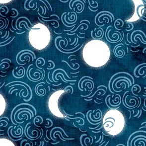 Dreamy Night Sky- Moon Phases peeping through Clouds- Indigo - Large Scale