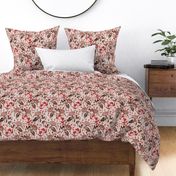 Boho Love- Block Print Floral with 2 Turtle Doves and Hearts- Warm Colors- Regular Scale