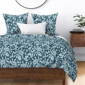 Boho Love- Block Print Floral with 2 Turtle Doves and Hearts- Blue Gray Monochrome- Large Scale
