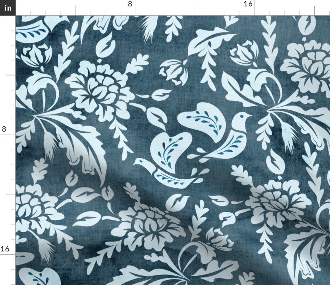 Boho Love- Block Print Floral with 2 Turtle Doves and Hearts- Blue Gray Monochrome- Large Scale