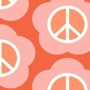 1970s Floral Peace Sign Orange Blush Pink Large Scale
