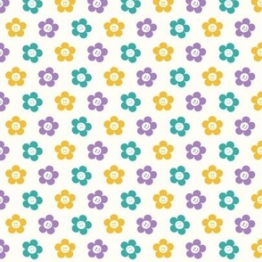 Retro Smiley Face Floral Ditsy Purple, Yellow and Turquoise