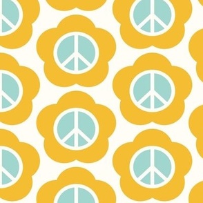 Retro Floral Peace Sign Yellow, White and Teal