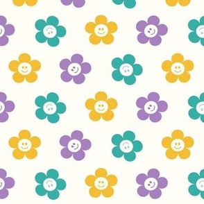 Retro Smiley Face Floral Purple, Yellow and Turquoise