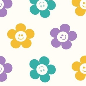 Retro Smiley Face Floral Purple, Yellow and Turquoise Large Scale