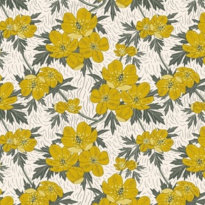 Cheerful Buttercups- Block print- Yellow Gold Ebony on Linen- Regular Scale