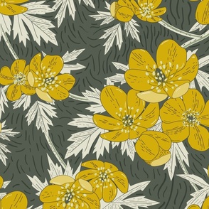 Cheerful Buttercups- Block print- Yellow Gold Dirty White on Ebony- Large Scale