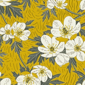 Cheerful Buttercups- Block print- Alabaster Ebony on Yellow Gold- Large Scale