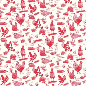 Chicken Toile- French Country Farm- Roosters Hen and Chicks on Pasture- Pink Red on Ivory- Regular Scale