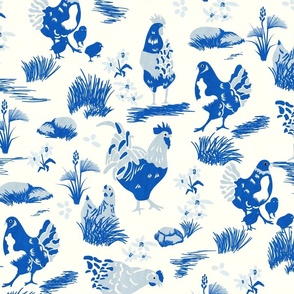 Chicken Toile- French Country Farm- Roosters Hen and Chicks on Pasture- Cobalt Blue on Ivory- Large Scale