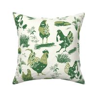 Chicken Toile- French Country Farm- Roosters Hen and Chicks on Pasture- Forest Green Moss on Ivory- Large Scale