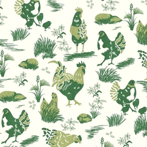 Chicken Toile- French Country Farm- Roosters Hen and Chicks on Pasture- Forest Green Moss on Ivory- Large Scale