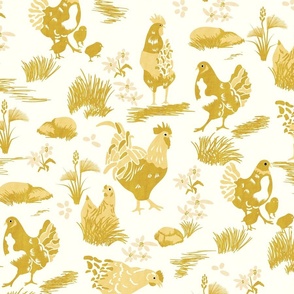 Chicken Toile- French Country Farm- Roosters Hen and Chicks on Pasture- Gold Yellow Maize on Ivory- Large Scale