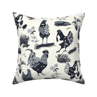 Chicken Toile- French Country Farm- Roosters Hen and Chicks on Pasture- Charcoal Black on Ivory- Large Scale