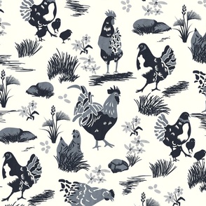 Chicken Toile- French Country Farm- Roosters Hen and Chicks on Pasture- Charcoal Black on Ivory- Large Scale