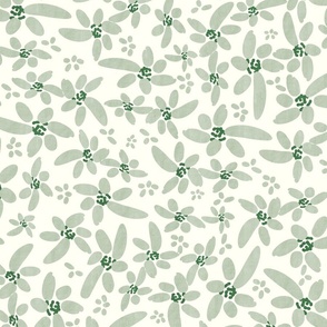 Rustic Wildflowers- French Country Farm- Sage Forest Green on Ivory- Large Scale