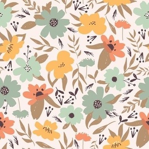 Hand-painted  florals in yellow, sage, and coral