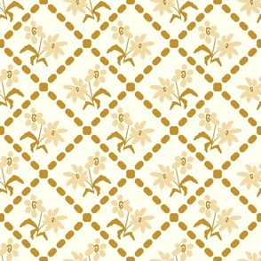 Wildflowers Trellis- French Country Farm- Wheat Gold Yellow on Ivory- Large Scale