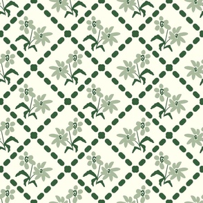 Wildflowers Trellis- French Country Farm- Sage Forest Green on Ivory- Large Scale