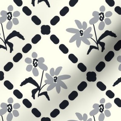 Wildflowers Trellis- French Country Farm- Silver Charcoal Black on Ivory- Large Scale