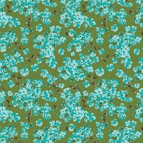 Cherry Blossoms - Cottagecore Spring Floral Green Aqua Small Scale