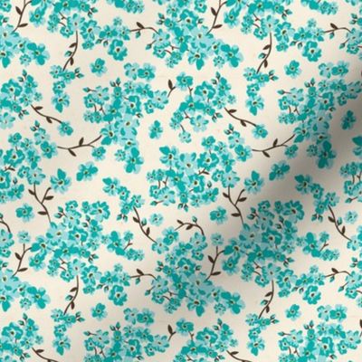Cherry Blossoms - Cottagecore Spring Floral Ivory Aqua Small Scale