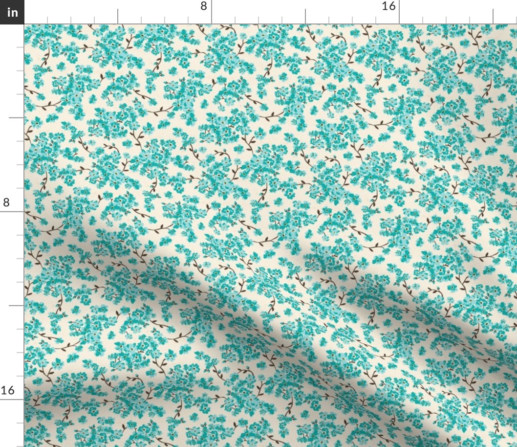Cherry Blossoms - Cottagecore Spring Floral Ivory Aqua Small Scale