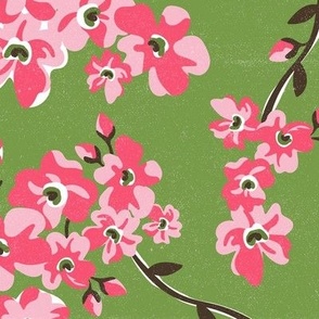 Cherry Blossoms - Cottagecore Spring Floral Green Pink Large Scale