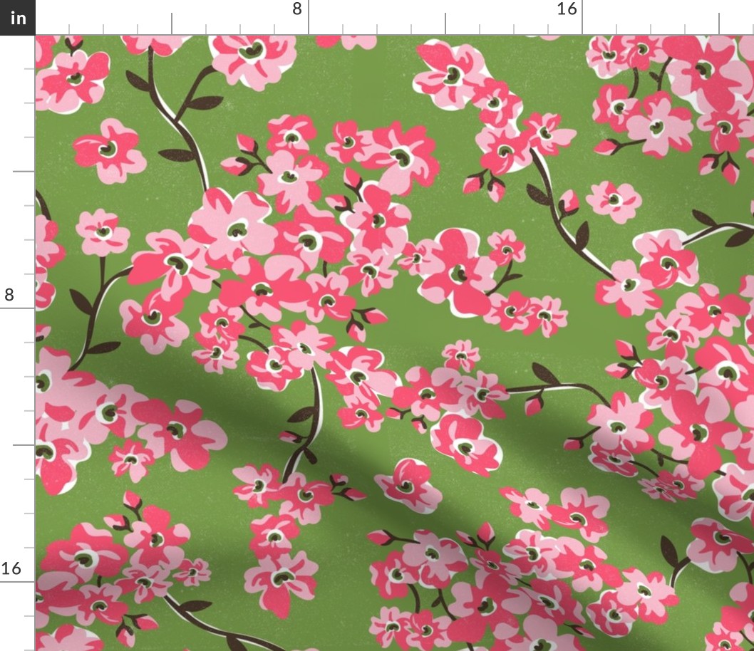 Cherry Blossoms - Cottagecore Spring Floral Green Pink Large Scale