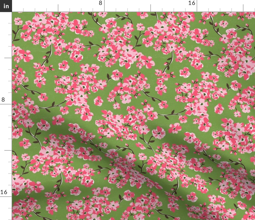 Cherry Blossoms - Cottagecore Spring Floral Green Pink Regular Scale