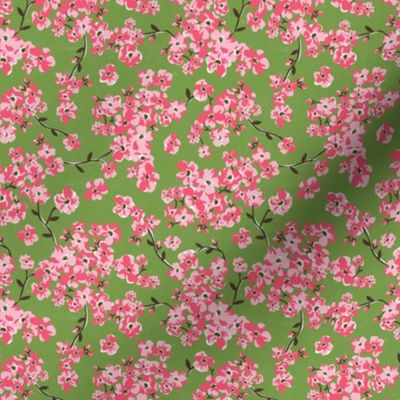 Cherry Blossoms - Cottagecore Spring Floral Green Pink Small Scale