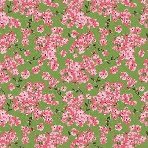 Cherry Blossoms - Cottagecore Spring Floral Green Pink Small Scale