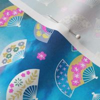 pink and blue watercolor with oriental fans