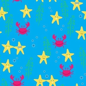 Happy Starfish and Crabs Underwater with Seaweed and Bubbles on Blue Ground
