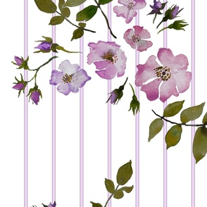rose garden blossoms on pin stripe // large scale - soft lilac purple