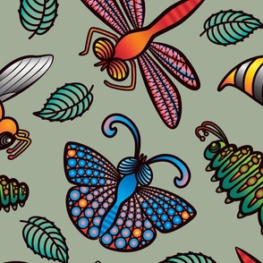 Bug's Life Bug Insect Butterfly Dragonfly Caterpillar Bee with Tattoo Style in Bright Colours on Sage Green Background - LARGE Scale - UnBlink Studio by Jackie Tahara