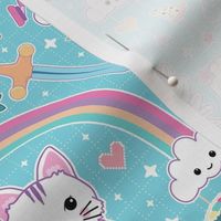 Kawaii gamer with cat - aqua blue - cute kidult Japanese, Korean cartoon style - medium