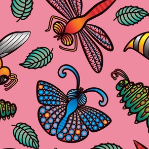 Bug's Life Bug Insect Butterfly Dragonfly Caterpillar Bee with Tattoo Style in Bright Colours on Hot Pink Background - LARGE Scale - UnBlink Studio by Jackie Tahara
