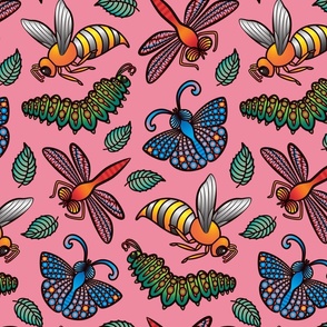 Bug's Life Bug Insect Butterfly Dragonfly Caterpillar Bee with Tattoo Style in Bright Colours on Hot Pink Background - MEDIUM Scale - UnBlink Studio by Jackie Tahara