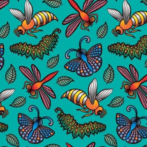 Bug's Life Bug Insect Butterfly Dragonfly Caterpillar Bee with Tattoo Style in Bright Colours on Turquoise Aqua Background - MEDIUM Scale - UnBlink Studio by Jackie Tahara