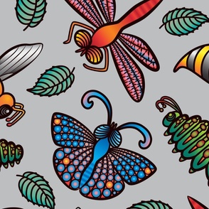 Bug's Life Bug Insect Butterfly Dragonfly Caterpillar Bee with Tattoo Style in Bright Colours on Light Gray Background - LARGE Scale - UnBlink Studio by Jackie Tahara