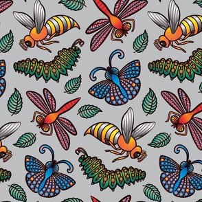Bug's Life Bug Insect Butterfly Dragonfly Caterpillar Bee with Tattoo Style in Bright Colours on Light Gray Background - MEDIUM Scale - UnBlink Studio by Jackie Tahara